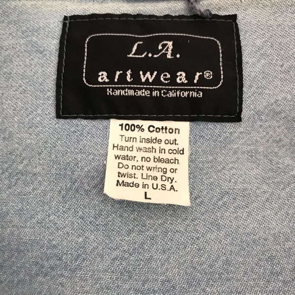 Denim Shirt Hand Painted MAJOR MARKDOWN Soft, Colorful Floral & Dragonflies L - Picture 10 of 11